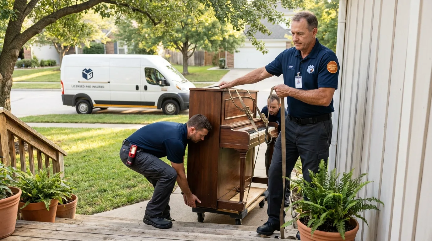 Licensed piano movers securing grand piano in Granite Bay, CA