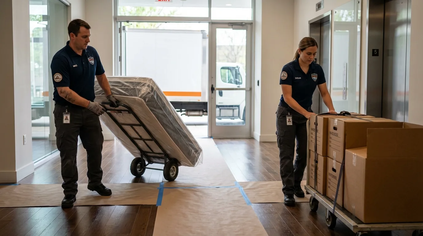 Professional apartment movers loading elevator in Granite Bay, CA