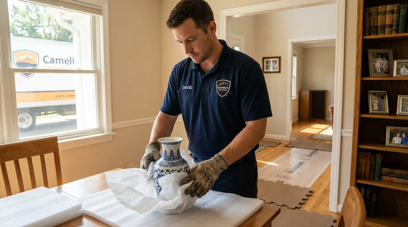 Professional crew carefully wrapping antique vase for senior downsizing move in Granite Bay, CA
